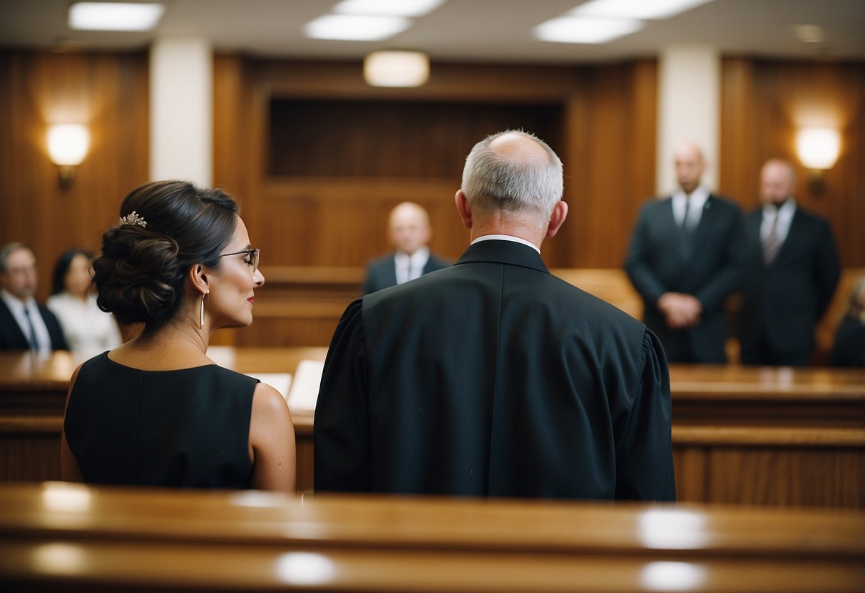 A couple exchanging vows in front of a judge at a courthouse, with minimal decor and a small audience