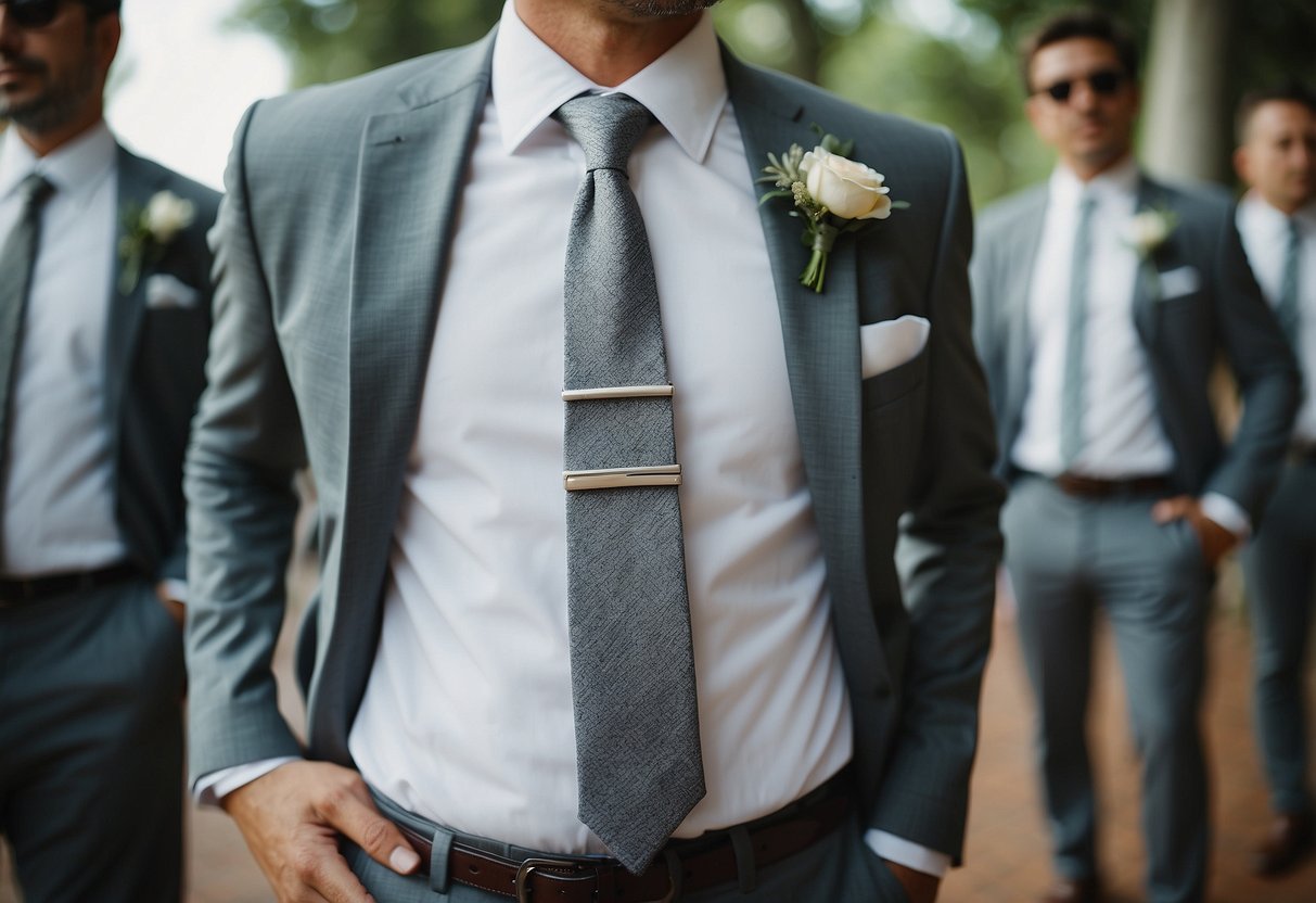 A gray tie complements the wedding theme, matching the color of the wedding party