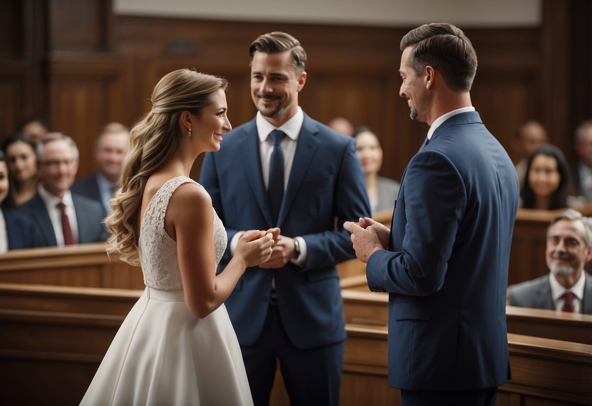 A couple stands before a judge in a simple, elegant courthouse setting, exchanging vows and rings. A small group of close family and friends looks on, smiling and clapping