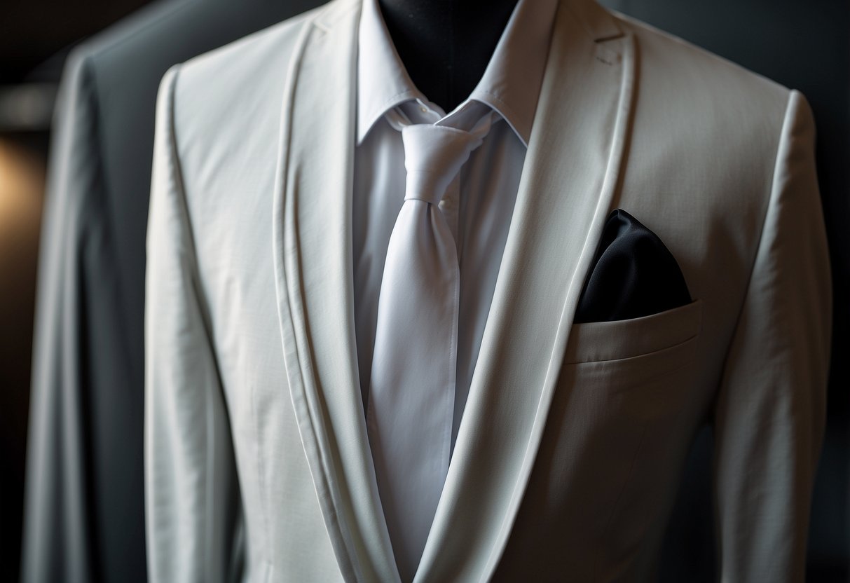 A white pocket square is neatly folded in the breast pocket of a black tuxedo jacket