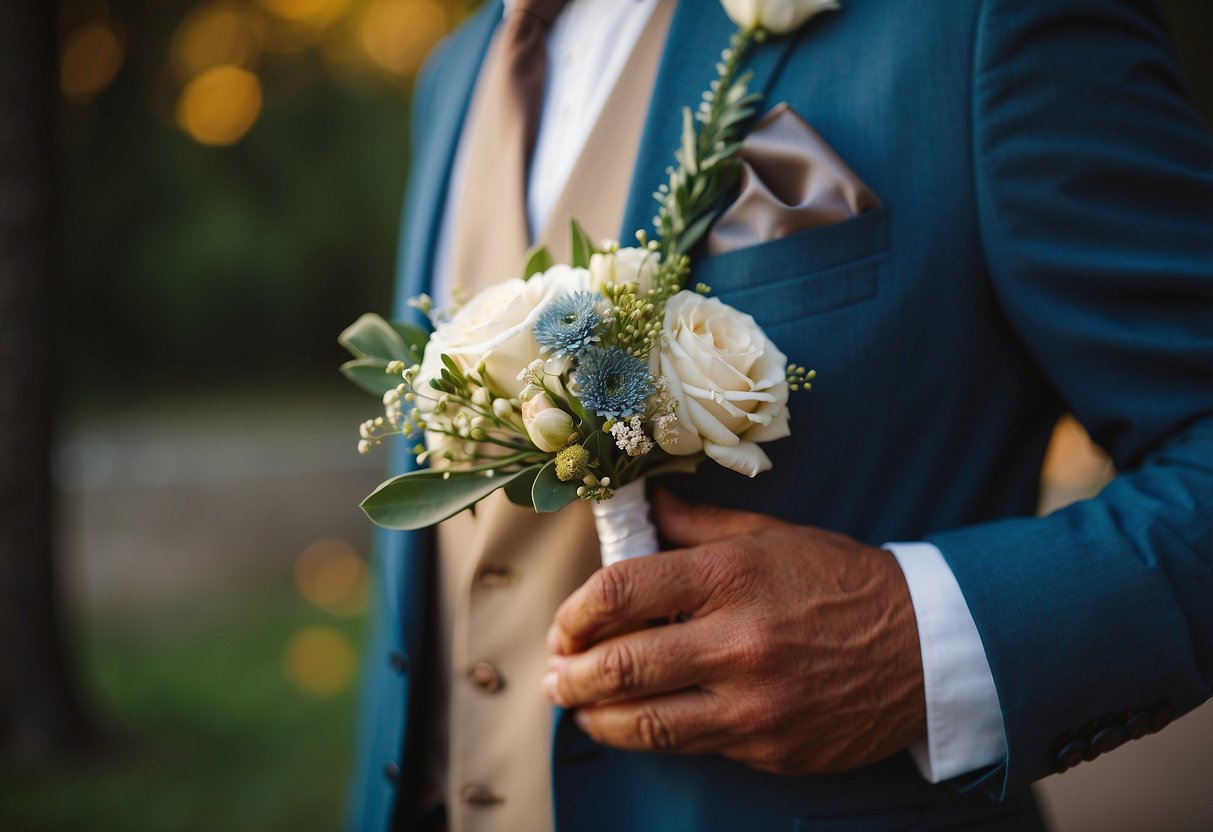 A boutonniere matching the bride's bouquet is worn by the father of the bride, coordinating with the wedding party's colors