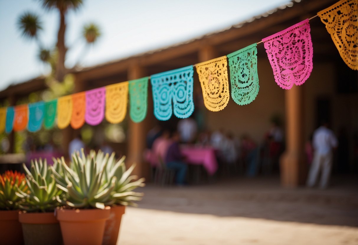 A colorful papel picado banner hangs above a festive outdoor wedding reception. Brightly colored maracas and traditional Mexican pottery adorn the tables, while cacti and succulents add a touch of natural beauty to the scene