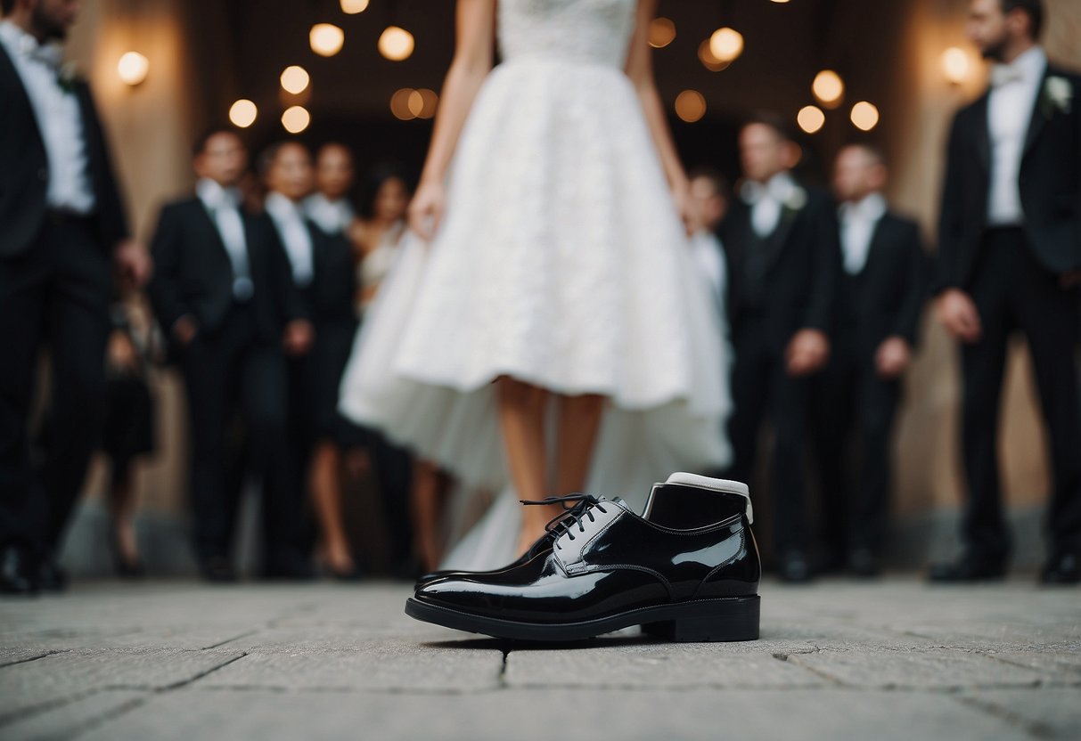 A pair of black shoes stands next to a wedding party in matching attire