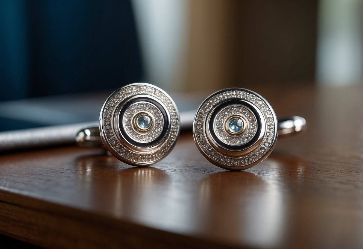 Silver cufflinks on a matching suit jacket, subtly complementing the wedding party's color scheme