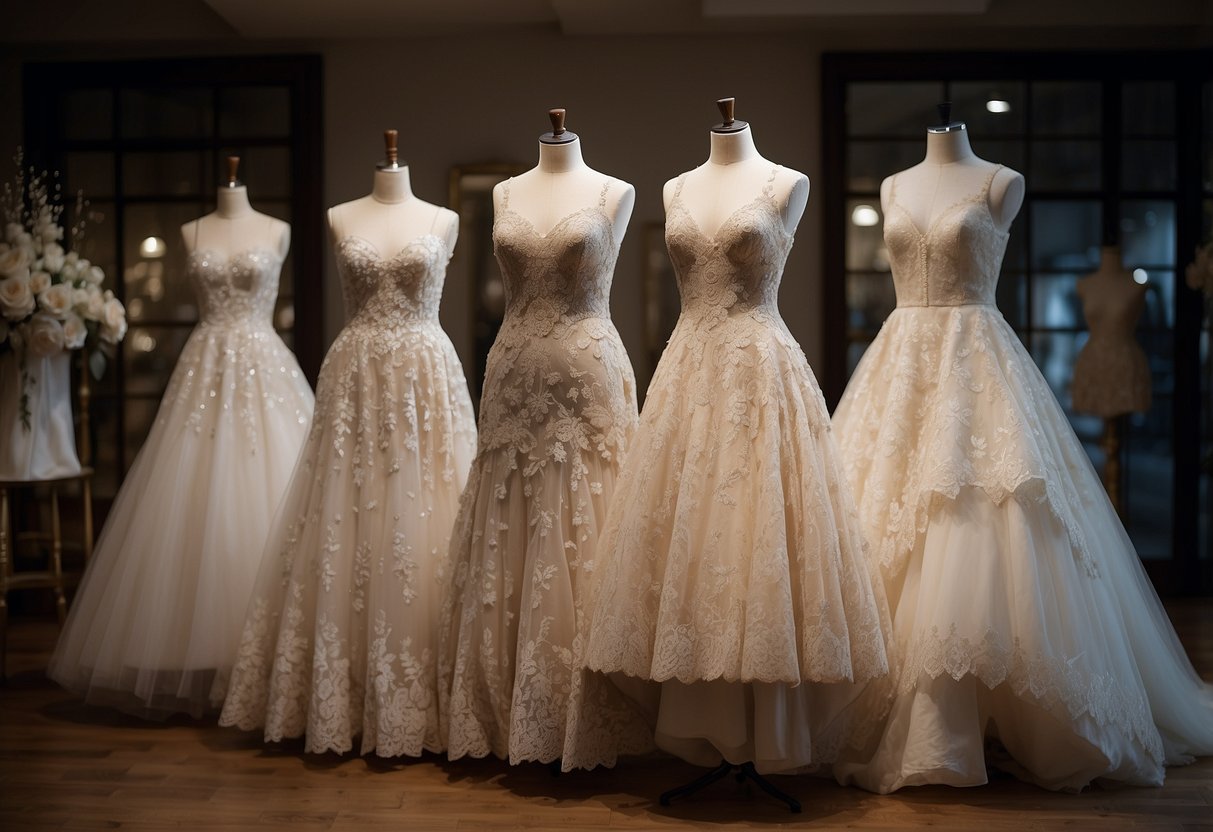 An array of vintage wedding gowns displayed on antique mannequins in a dimly lit, ornate showroom. Lace, silk, and tulle fabrics adorned with delicate beading and embroidery