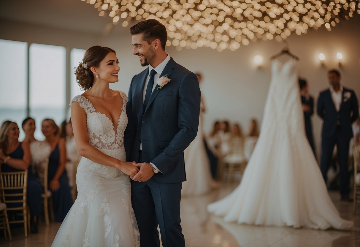 A man in an ivory shirt stands beside a bride in a matching gown