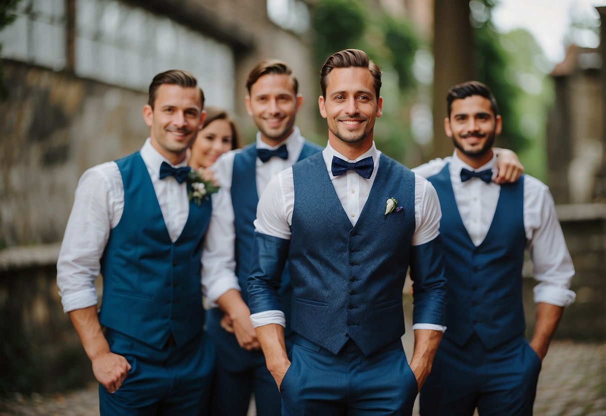 A blue waistcoat matches the groomsmen's attire, possibly worn by the father of the bride