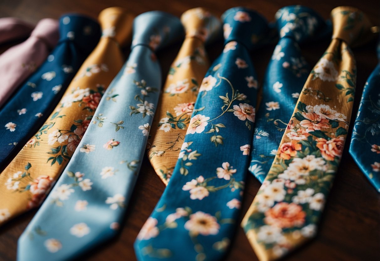 A floral pattern tie in matching wedding party colors