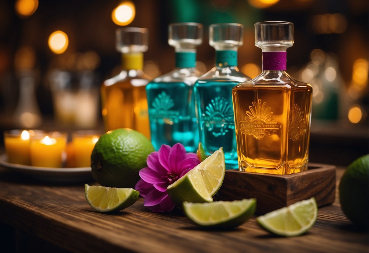 A colorful tequila tasting bar with festive decorations and Mexican wedding themed elements