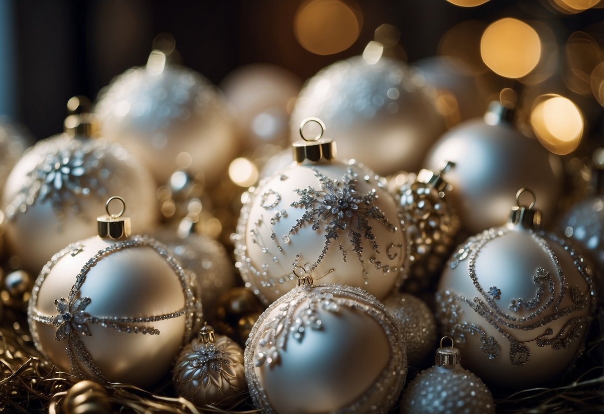 A pile of old wedding dresses transformed into unique Christmas ornaments