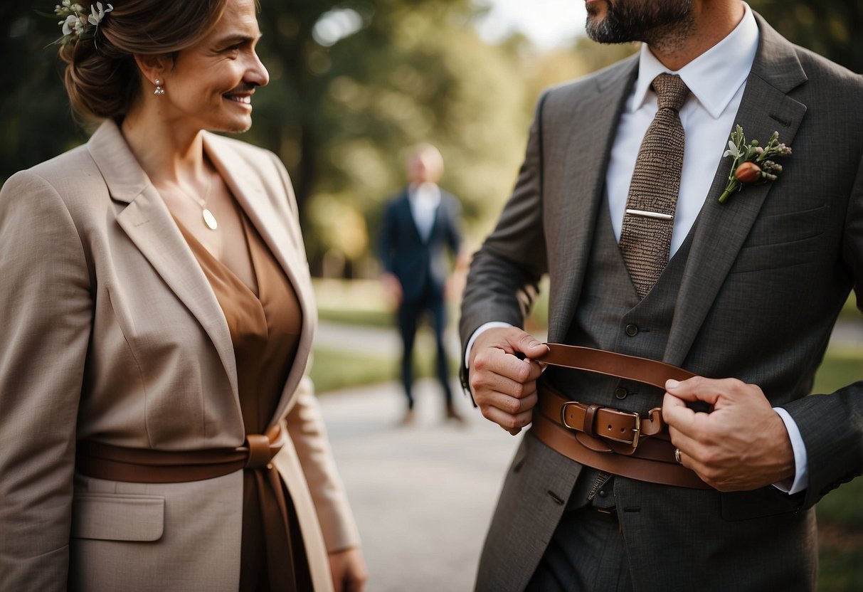 A brown belt coordinates with the suit worn by the father of the bride, matching the color of the wedding party