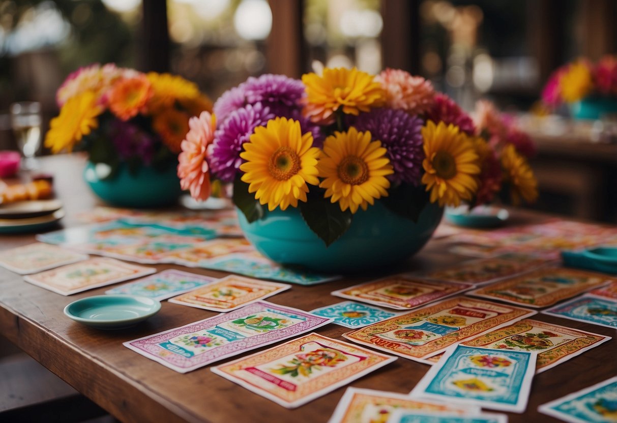 A festive table with colorful Lotería cards spread out, surrounded by Mexican wedding decorations and vibrant flowers