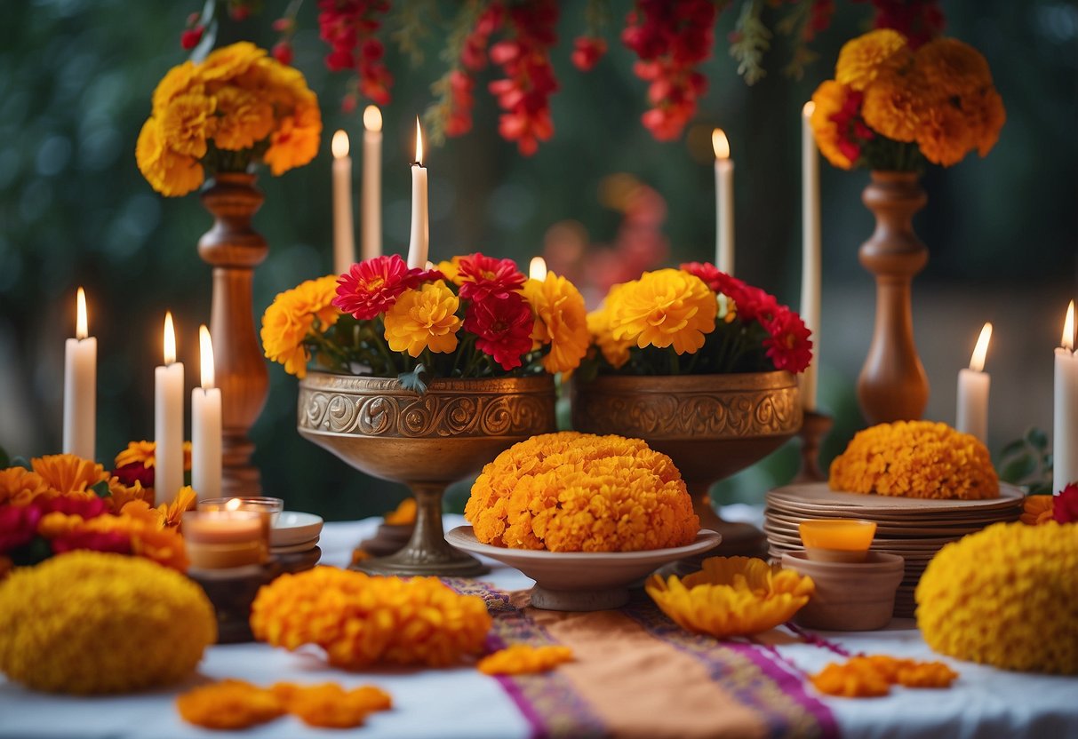 An ofrenda-style altar adorned with vibrant marigolds, papel picado, and flickering candles, symbolizing love and remembrance at a Mexican wedding