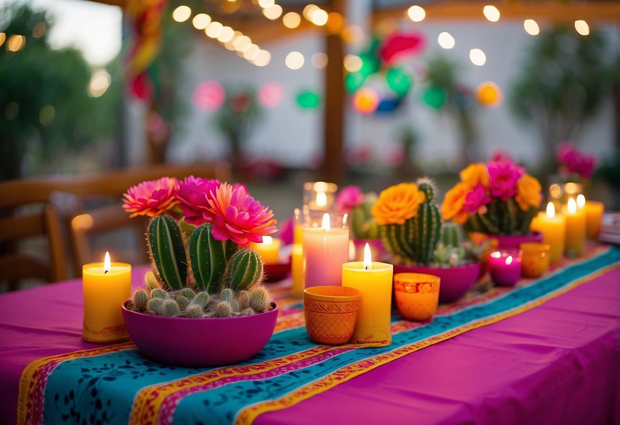 A table set with vibrant cactus centerpieces, surrounded by colorful papel picado and flickering candles, creating a festive and lively atmosphere for a Mexican wedding celebration