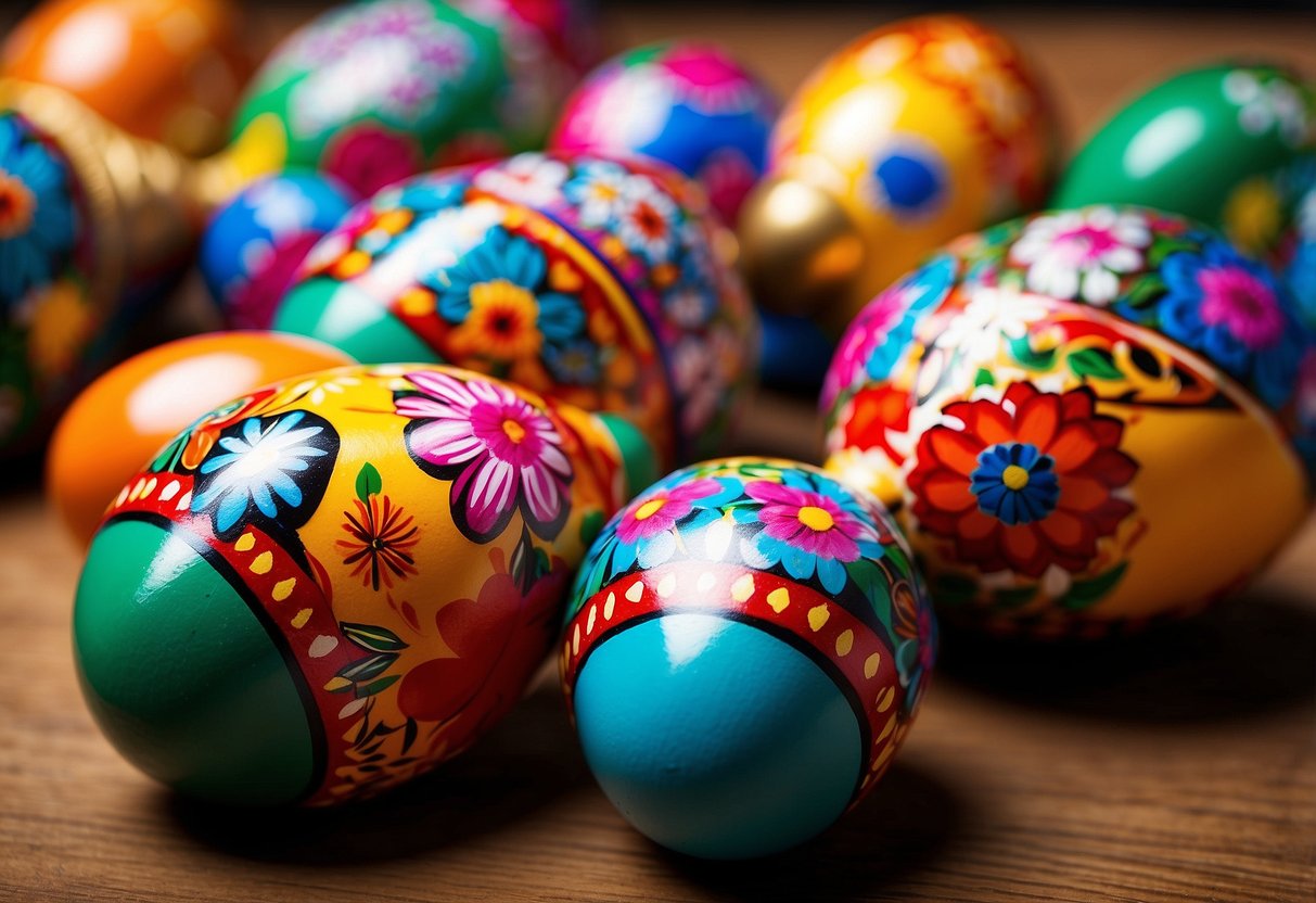 Vibrant, hand-painted maracas arranged in a festive display, with colorful flowers and traditional Mexican patterns