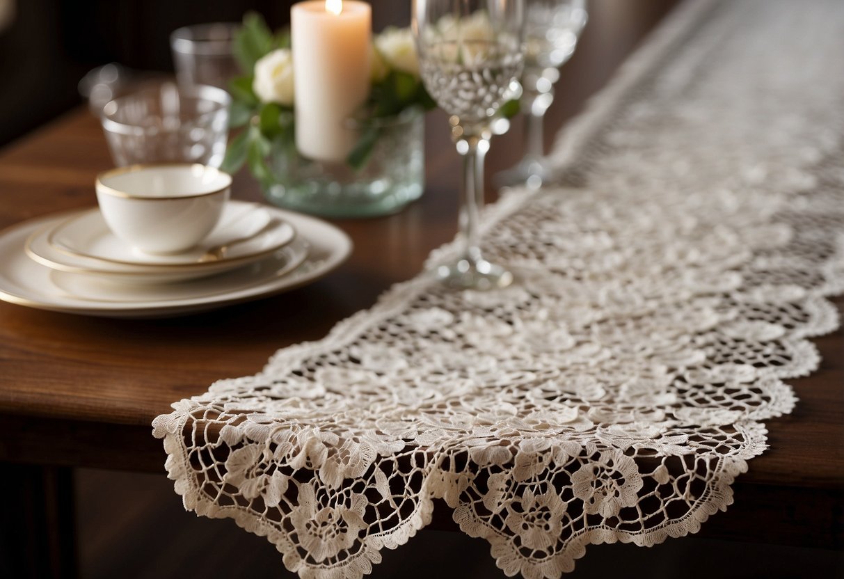 A table runner made from repurposed lace and fabric from old wedding dresses. Elegant, flowing design with delicate details