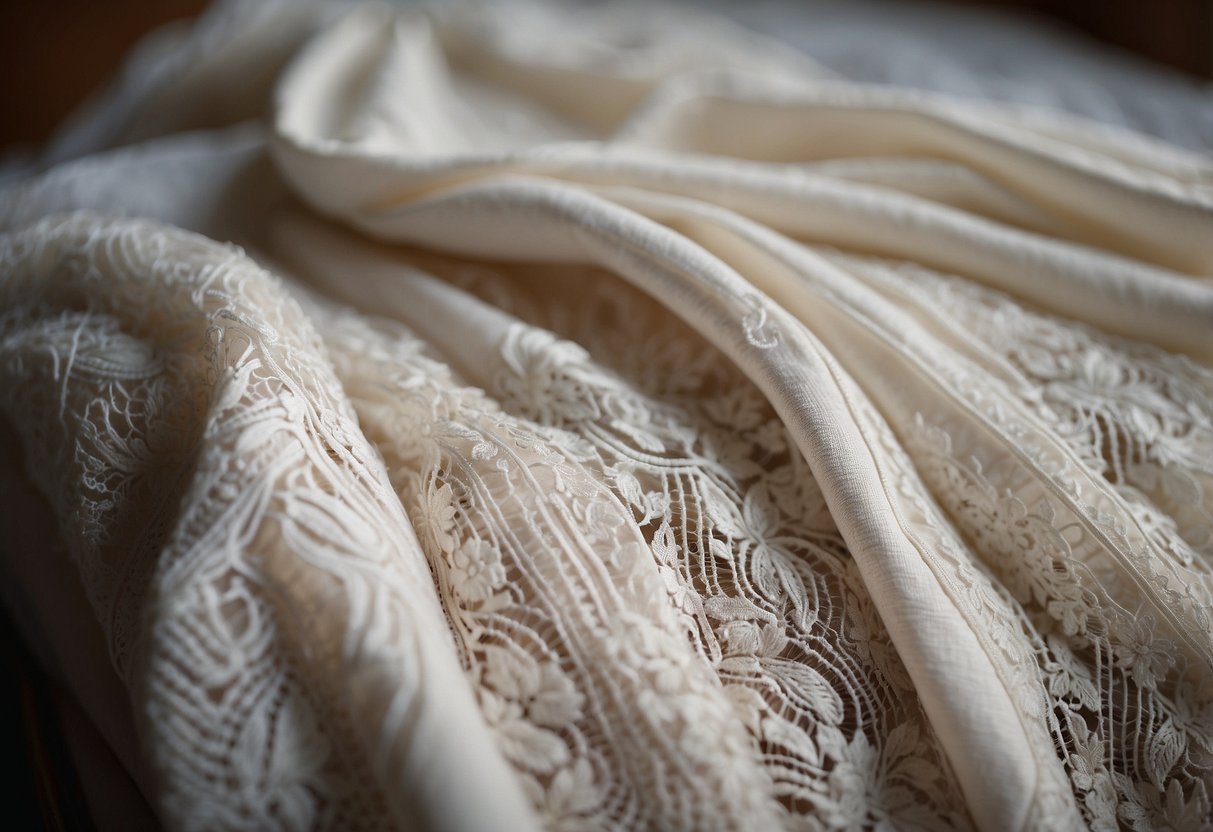 A cozy baby blanket made from repurposed old wedding dresses, featuring delicate lace and intricate embroidery