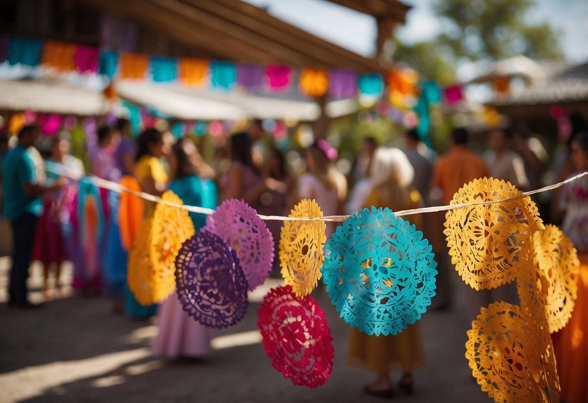 Colorful papel picado decorates the outdoor wedding venue. A mariachi band plays lively music as guests enjoy traditional Mexican cuisine and dance