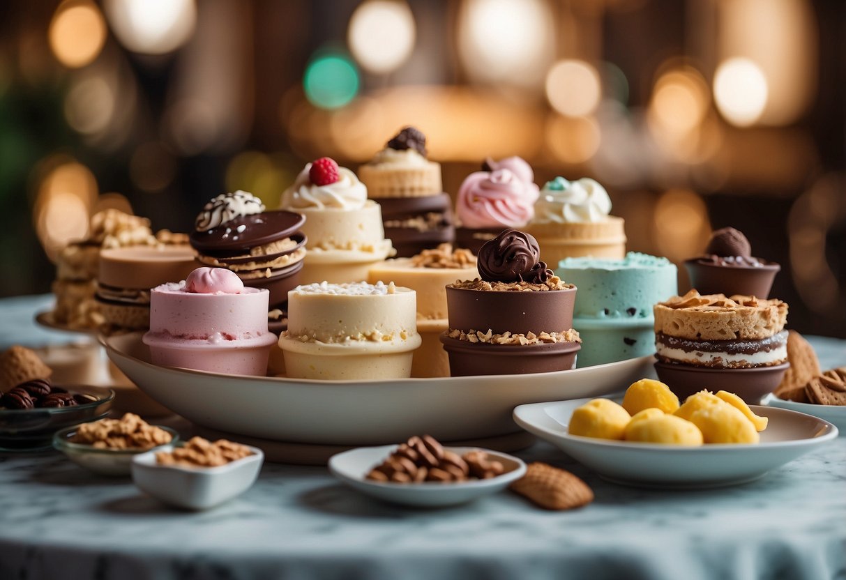 A table filled with various flavors of ice cream bars, surrounded by elegant decorations and wedding-themed accents