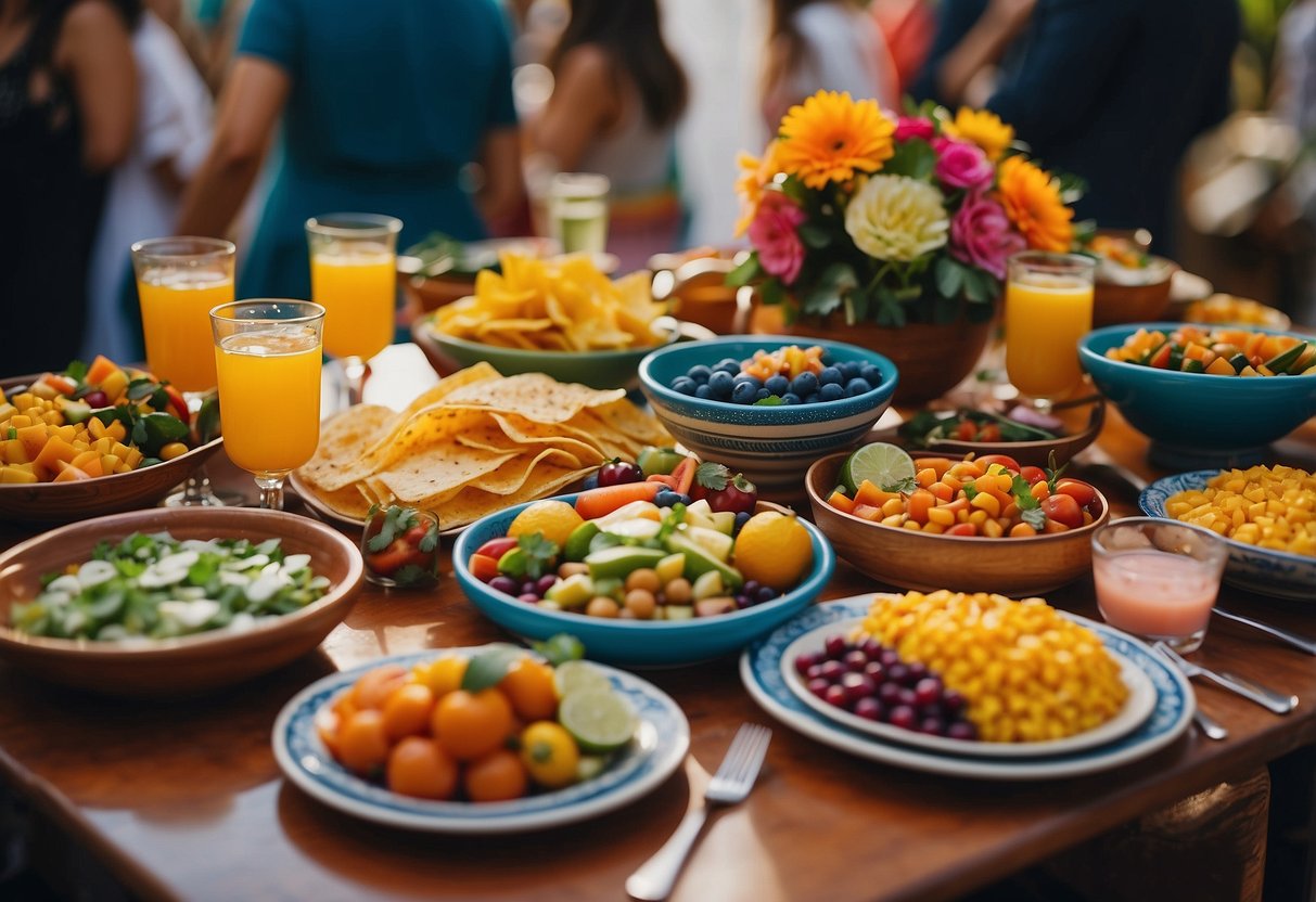 A festive Mexican wedding scene with vibrant food, colorful drinks, and traditional decorations