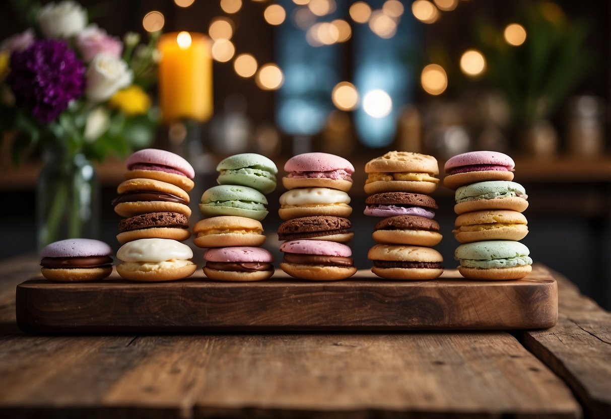 A colorful display of gourmet ice cream sandwiches on a rustic wooden bar, surrounded by fresh flowers and twinkling lights for a wedding celebration