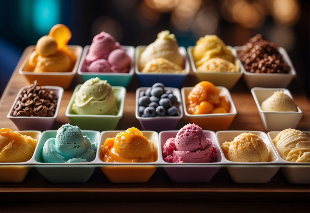 A colorful array of ice cream flavors, toppings, and sauces arranged on a table with decorative signage and scoops