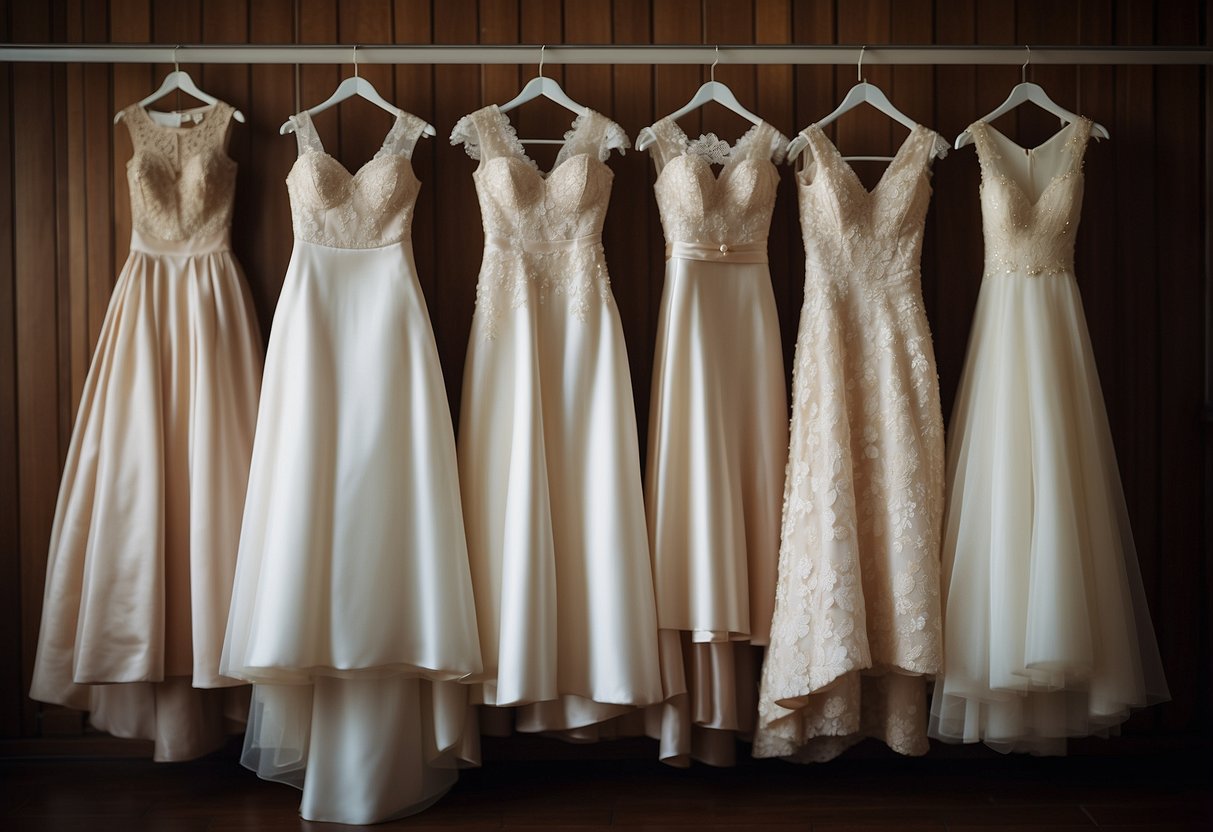 An array of vintage wedding dresses displayed on hangers, with a sign indicating "Donating or Selling Old Wedding Dresses" for a charity event or consignment shop