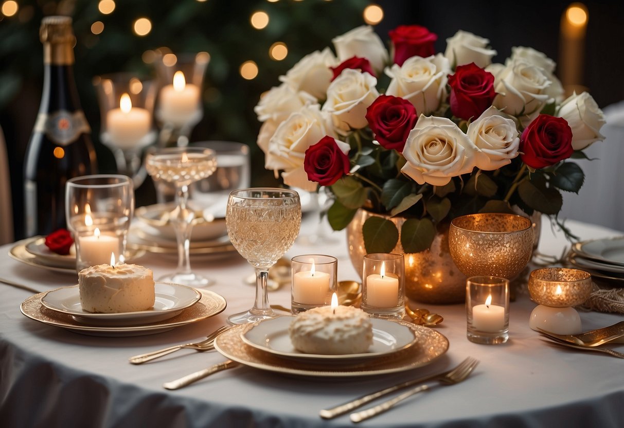 A table set with elegant dinnerware, surrounded by family photos and a bouquet of roses. A "40th Anniversary" cake sits in the center, with champagne glasses and a candlelit ambiance