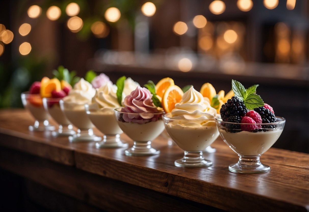 A display of elegant gelato cups arranged on a rustic wooden bar, adorned with fresh flowers and surrounded by twinkling fairy lights