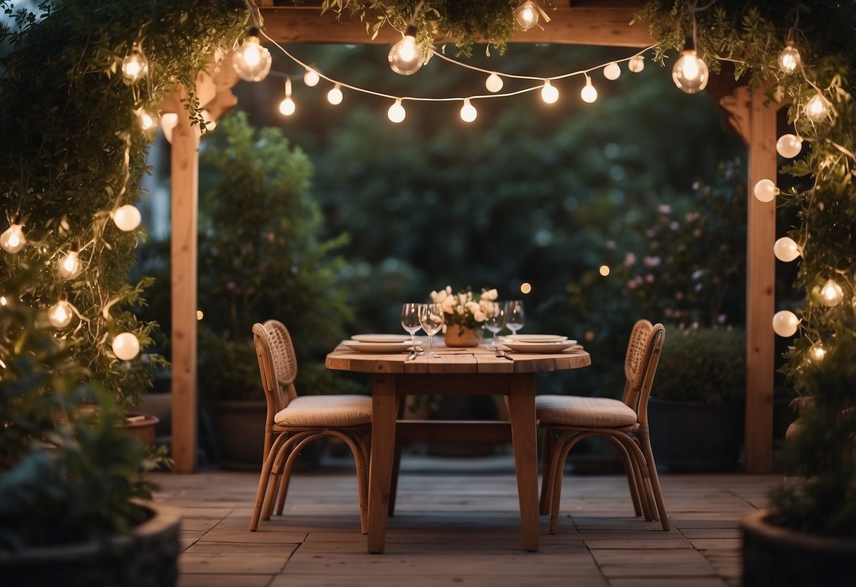 A cozy backyard with string lights, a small floral arch, and a table set for an intimate dinner