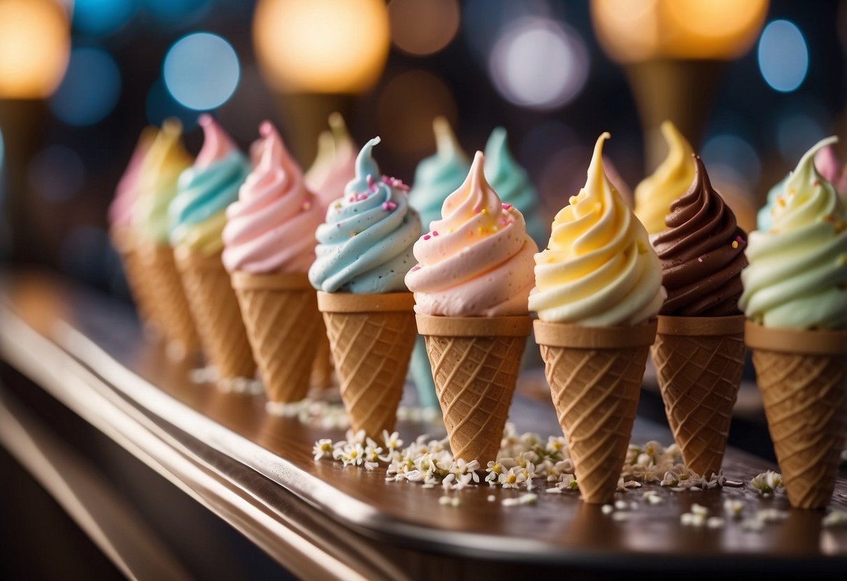 Miniature ice cream cones arranged on a bar, adorned with wedding-themed decorations like flowers and ribbons