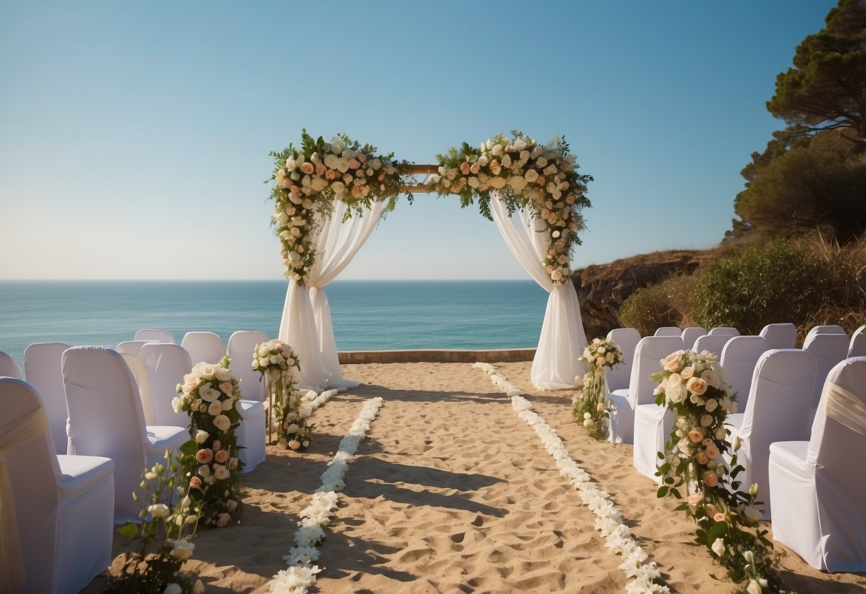 A serene beachfront ceremony with a simple arbor adorned with flowing fabric and fresh flowers, set against the backdrop of a calm ocean and a clear blue sky