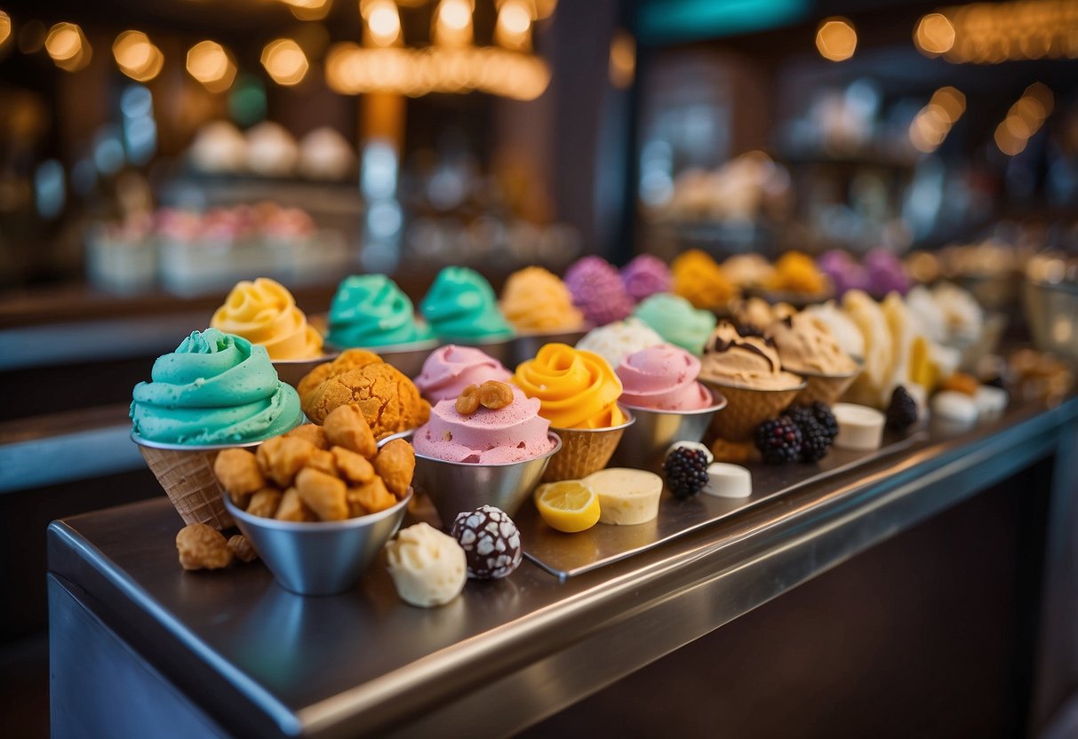 A colorful display of various vegan ice cream options arranged on a bar, with decorative toppings and signage for a wedding celebration