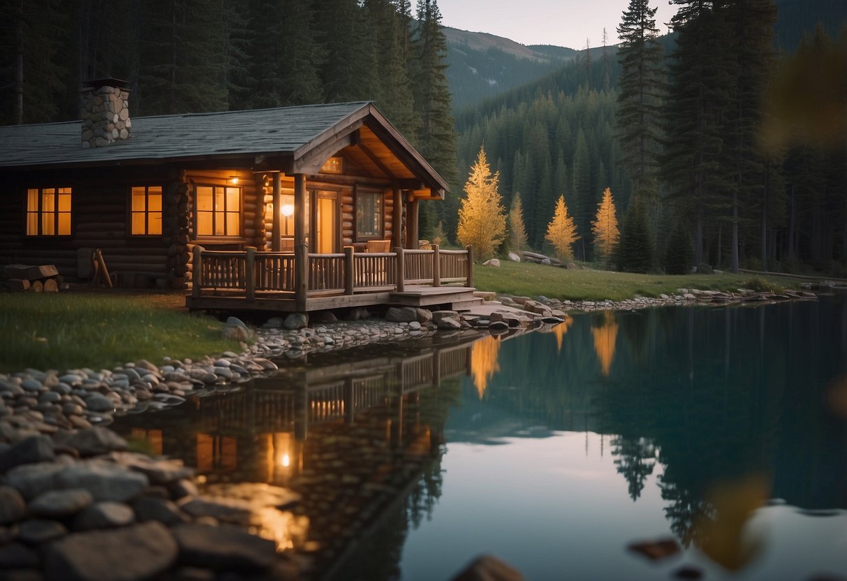 A rustic cabin nestled in the woods, with a warm fire crackling inside and a serene lake just steps away