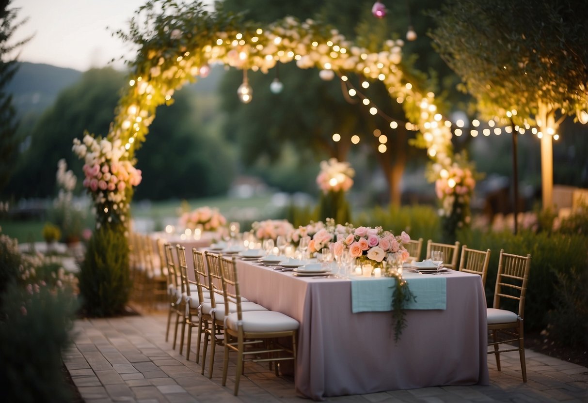 A cozy backyard garden with string lights, floral centerpieces, and a small wedding arch. A table set with elegant place settings and a dessert table adorned with pastel-colored treats