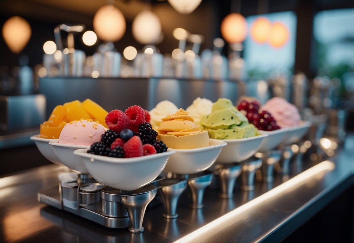 A nitrogen ice cream station at a wedding with a variety of colorful toppings and mix-ins displayed on a sleek and modern bar setup