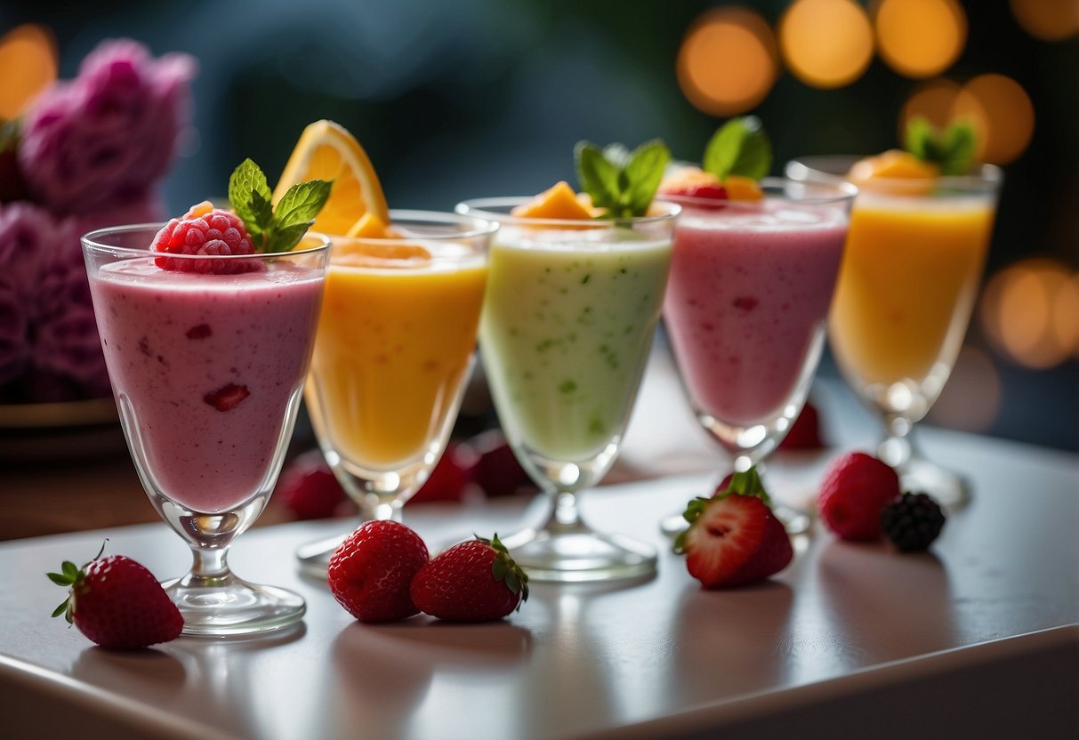 Colorful sorbet shots arranged on a sleek ice cream bar, with fresh fruit toppings and elegant serving spoons. A wedding backdrop adds a touch of romance