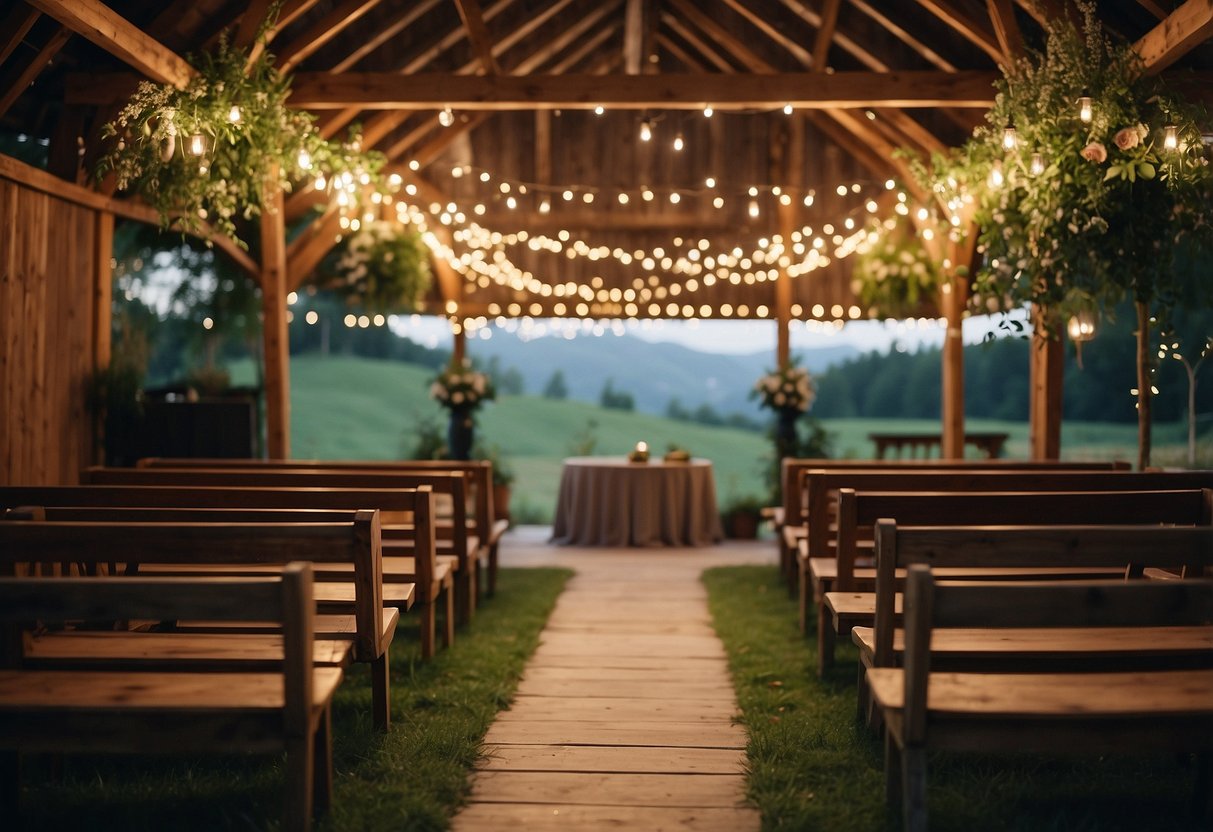 A charming barn adorned with string lights, vintage decor, and lush greenery. A cozy outdoor ceremony space with wooden benches and a rustic archway