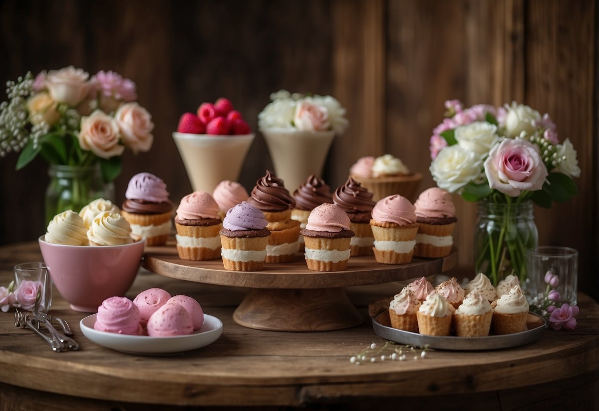 A wedding dessert table with various alcohol-infused ice cream bars displayed on a rustic wooden backdrop, adorned with elegant floral arrangements