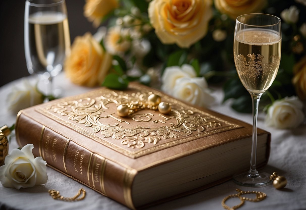 A beautifully decorated book with "40th Anniversary" embossed on the cover, surrounded by flowers and champagne glasses