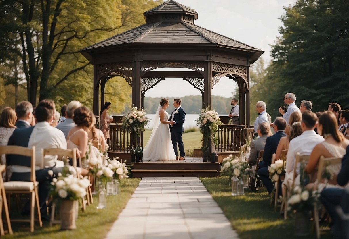 A charming outdoor ceremony with vintage decor and a small group of guests gathered around a beautifully decorated gazebo