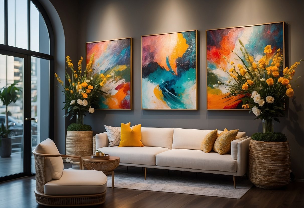 Vibrant art pieces adorn the walls of a chic gallery. A small, elegant setup for a wedding ceremony with modern decor and intimate seating arrangements