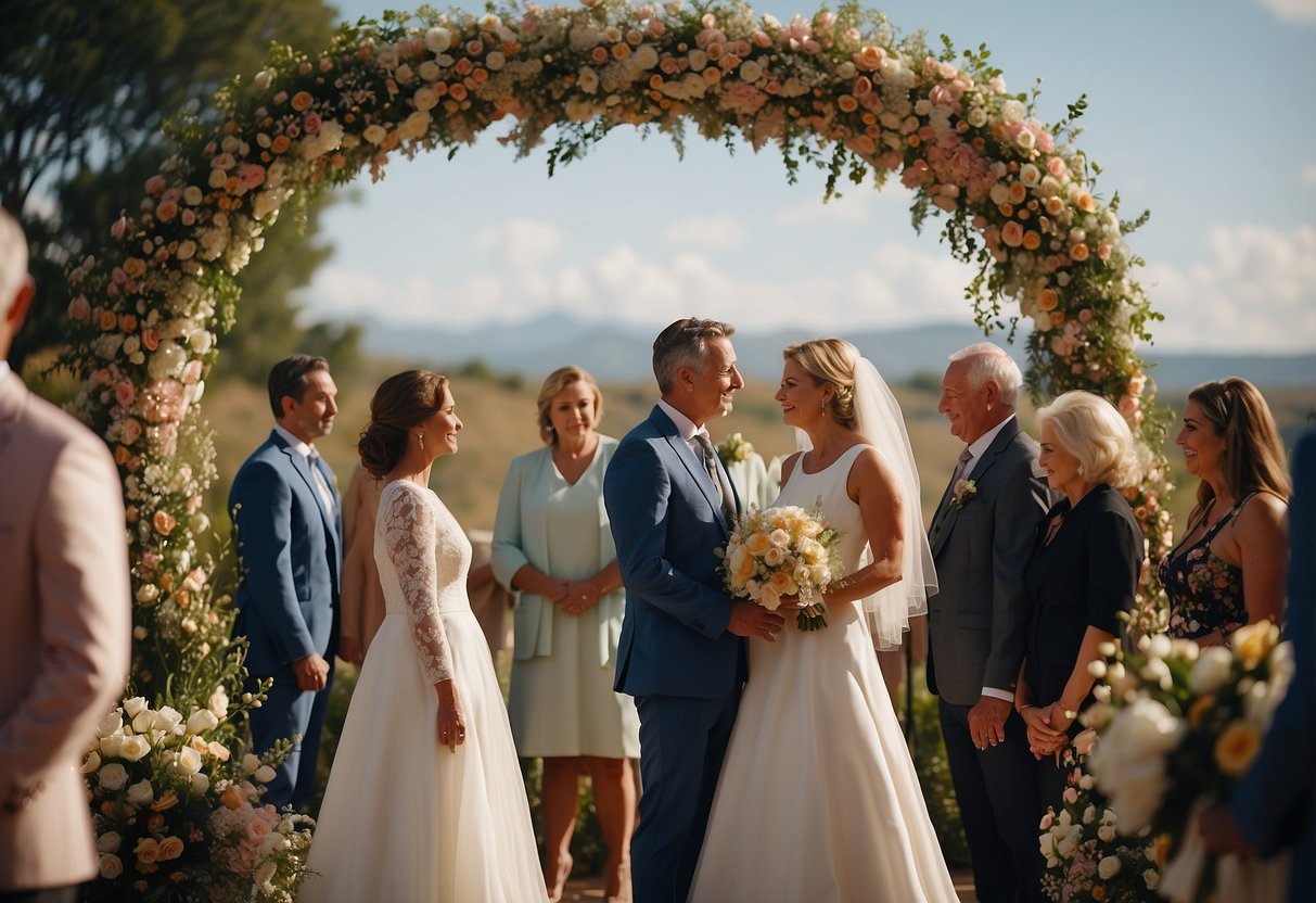 A couple stands under a floral arch, surrounded by family and friends, exchanging vows at their 40th wedding anniversary renewal ceremony