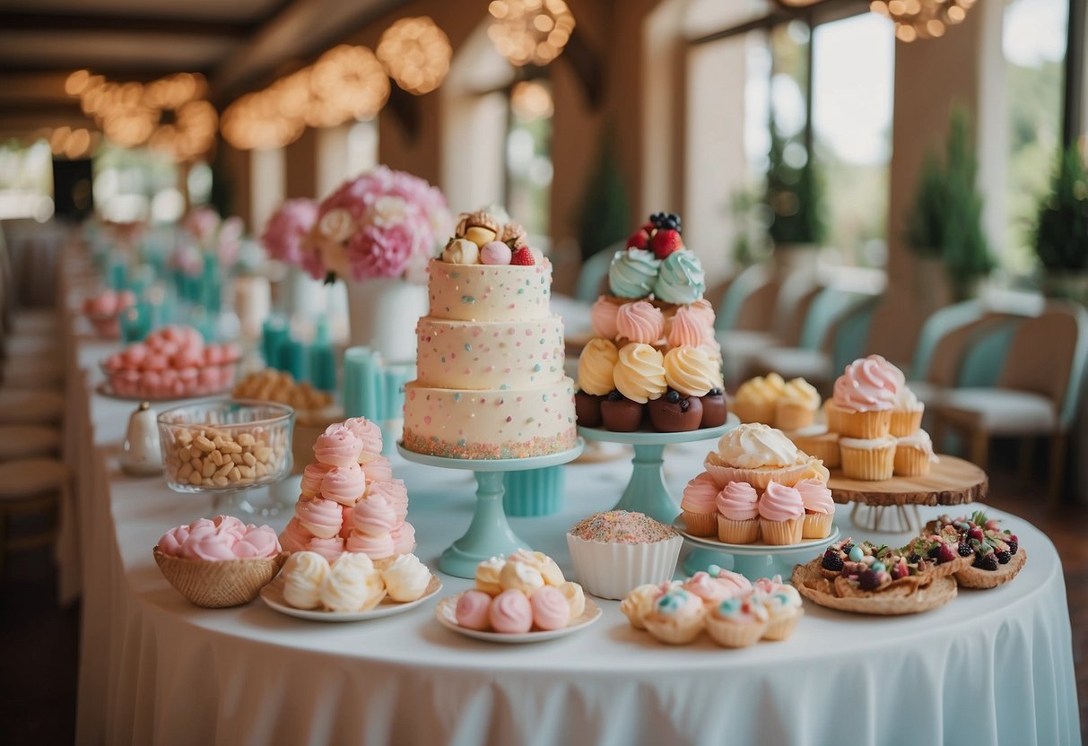 An elegant wedding venue with a whimsical ice cream bar, adorned with pastel-colored decorations and a variety of delicious toppings