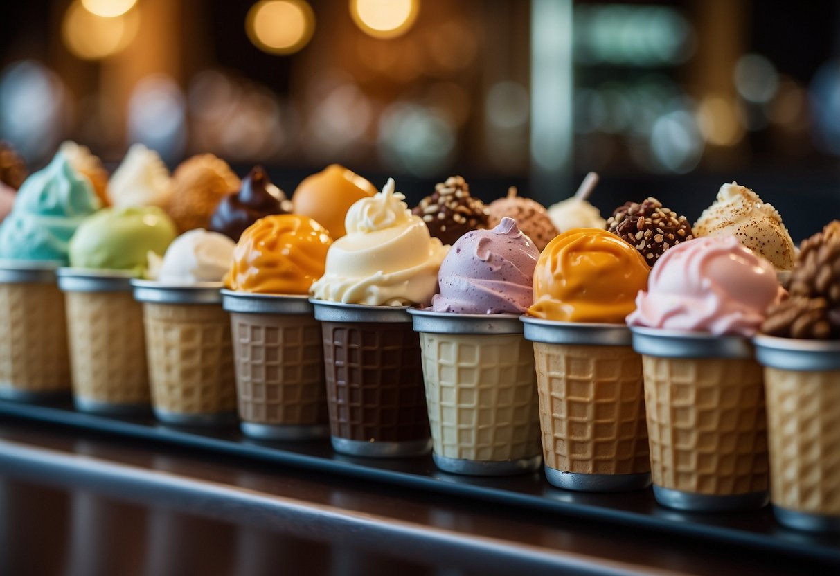 A variety of ice cream flavors and toppings displayed on a decorated bar at a wedding reception