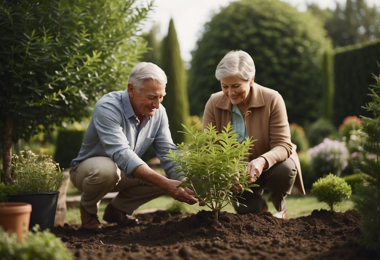 A mature couple planting a tree together in a garden to celebrate their 40th wedding anniversary