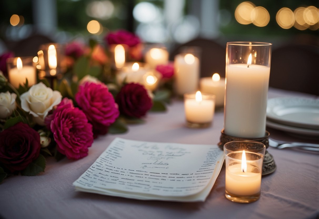 A trail of love notes leading to a beautifully set table with candles and flowers, celebrating a 40th wedding anniversary