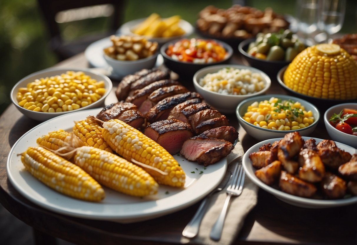 A table spread with grilled meats, corn on the cob, and various side dishes. A sign reads "BBQ Wedding Menu Ideas" in elegant script