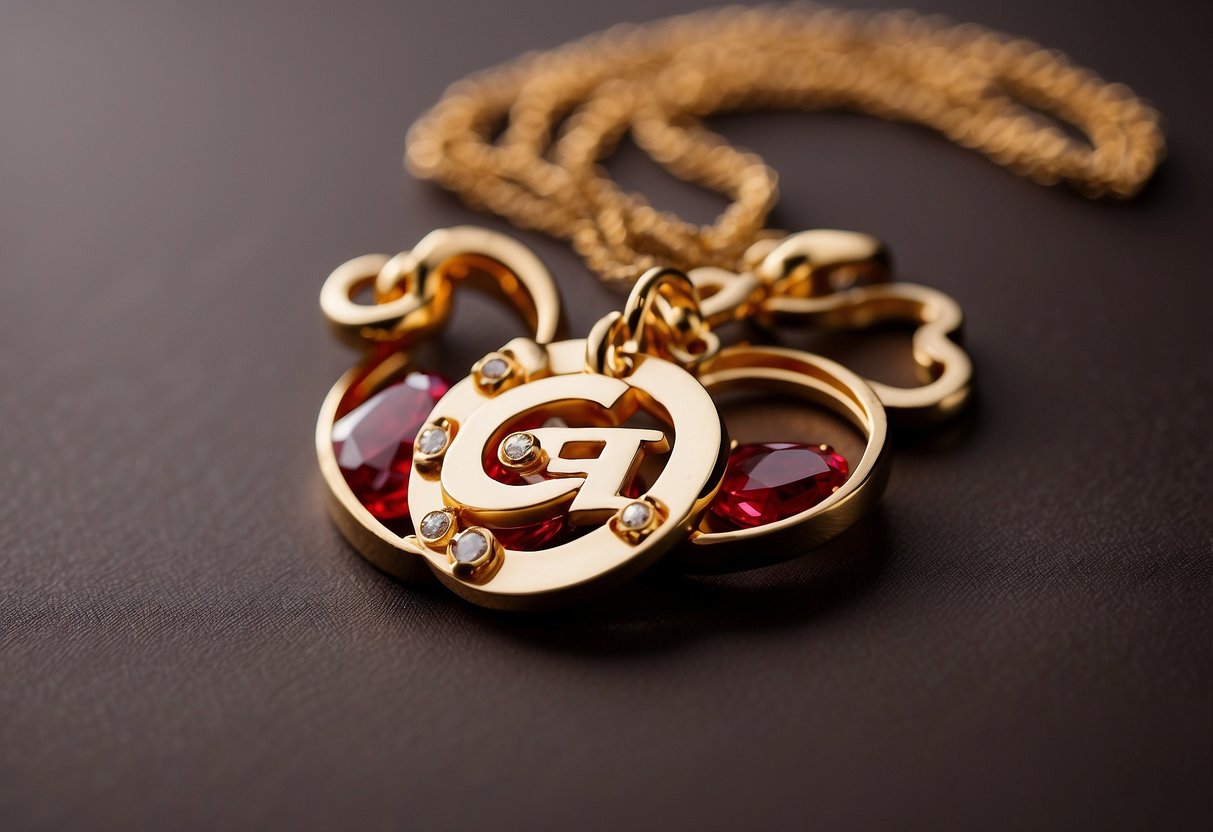 A couple's initials intertwined in a delicate gold necklace, surrounded by ruby and garnet gemstones, symbolizing 40 years of love and commitment