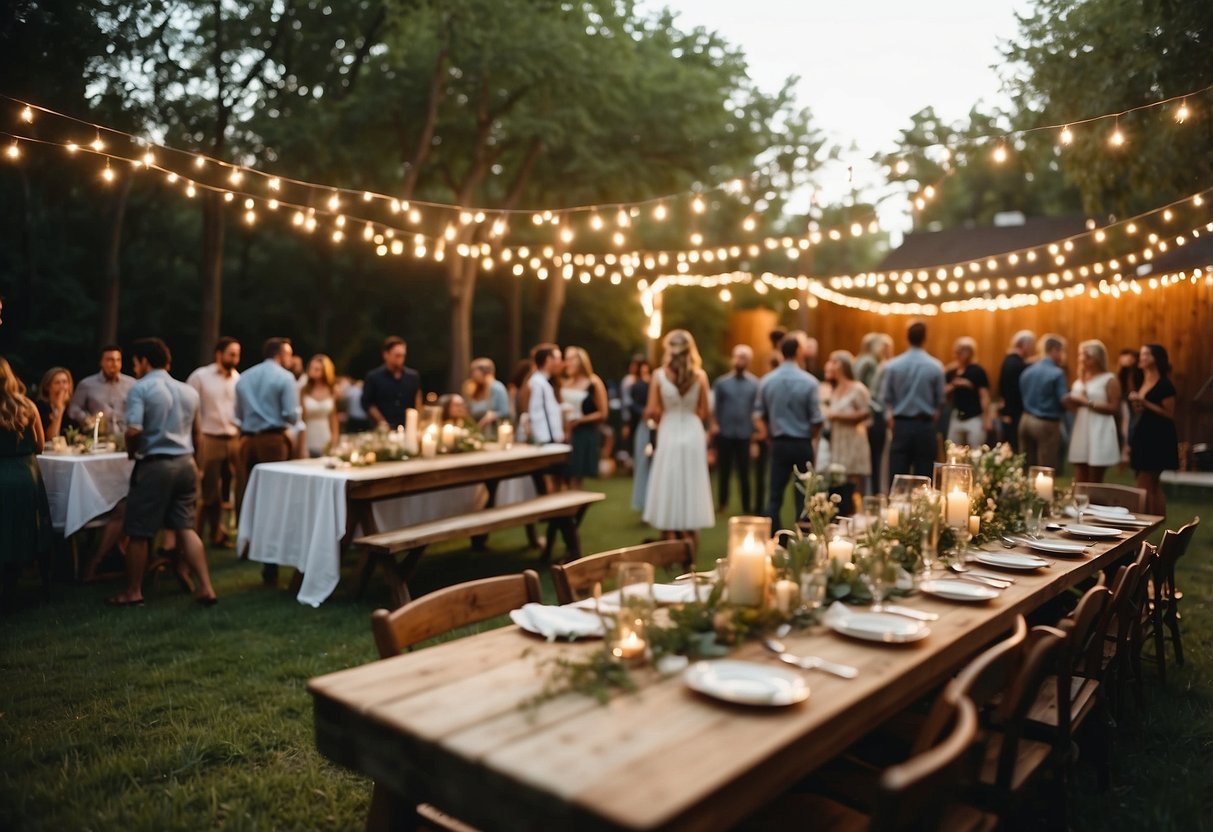 A backyard wedding with string lights, picnic tables, and a DIY dessert bar. A relaxed atmosphere with guests mingling and playing lawn games